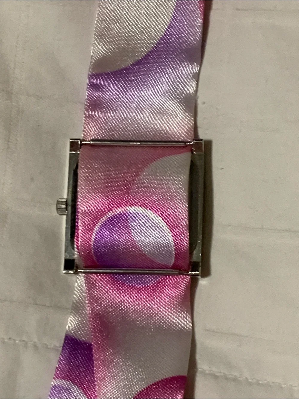 Paul Jardin Silver-Tone Square Watch with Pink and Purple Satin Ribbon Strap